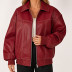 Jolene | Womens Biker Motorcycle Moto Lapel Collar Leather Jacket, Dark Red