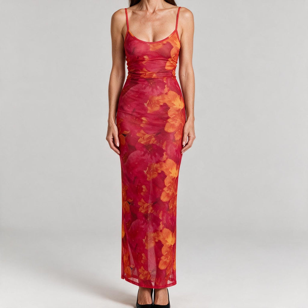 Jolie | Womens Printed Mesh Bodycon Mermaid Maxi Dress Long Sleeve Party Wedding Guest