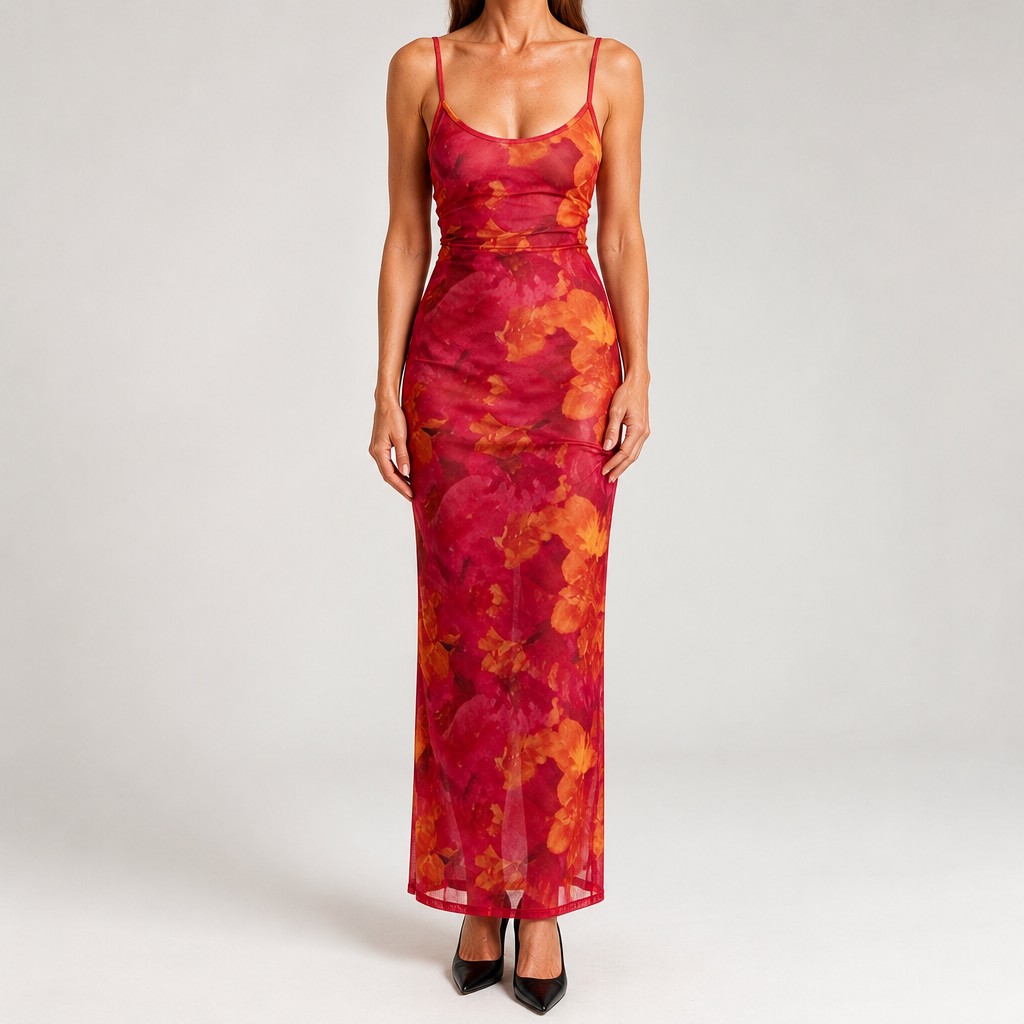 Jolie | Womens Printed Mesh Bodycon Mermaid Maxi Dress Long Sleeve Party Wedding Guest, Multi