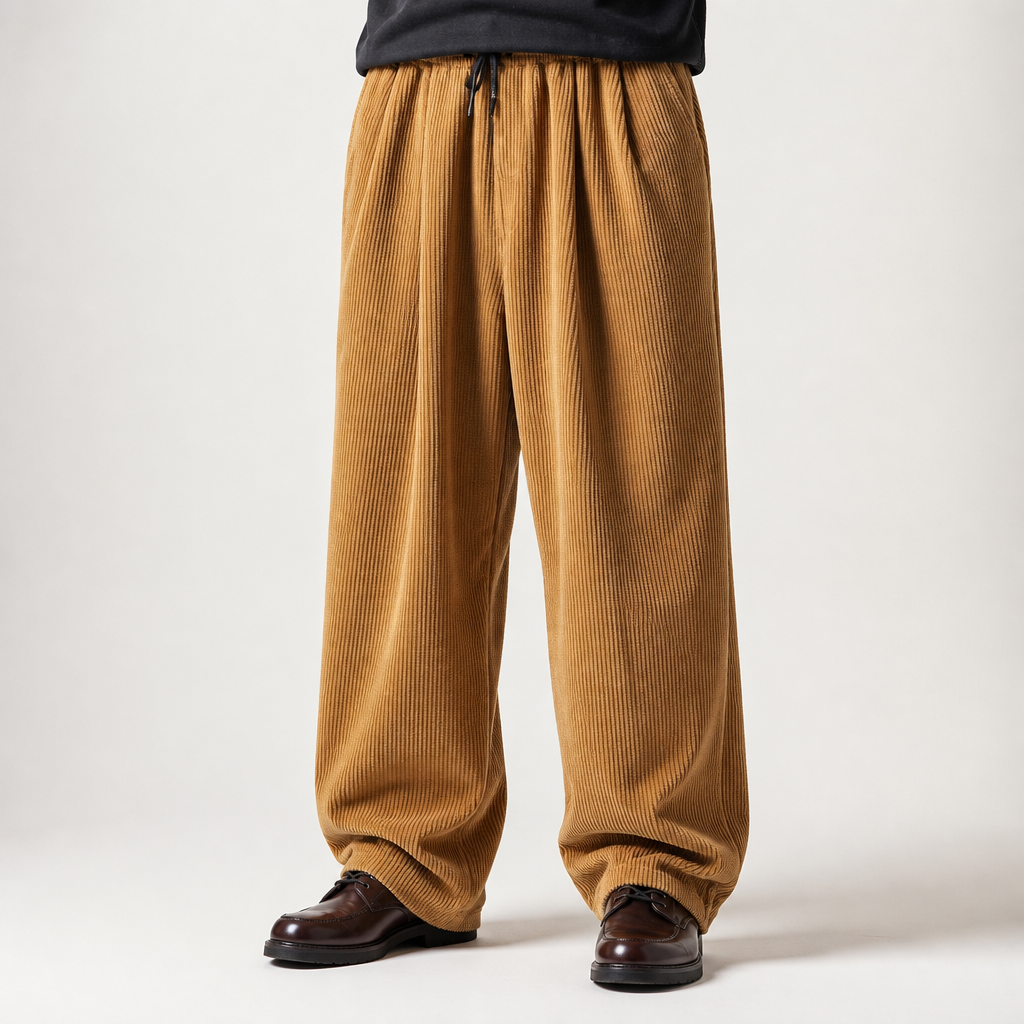 Jon | Mens Corduroy Wide Leg Loose Straight Casual Pants, Khaki