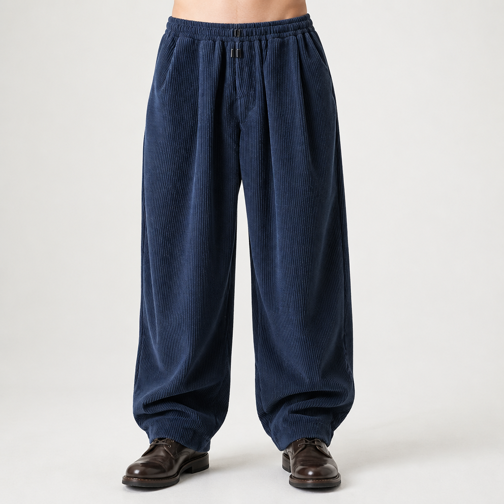 Jon | Mens Corduroy Wide Leg Loose Straight Casual Pants, Navy