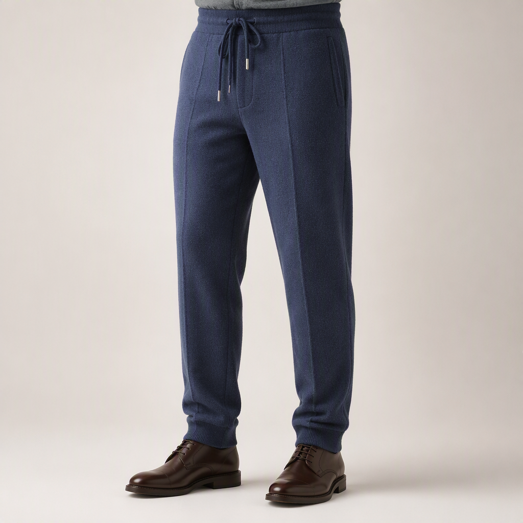 Jonathan | Mens Wool Knit Sweatpants Tapered Joggers Elastic Waist Lounge Pants, Blue Grey