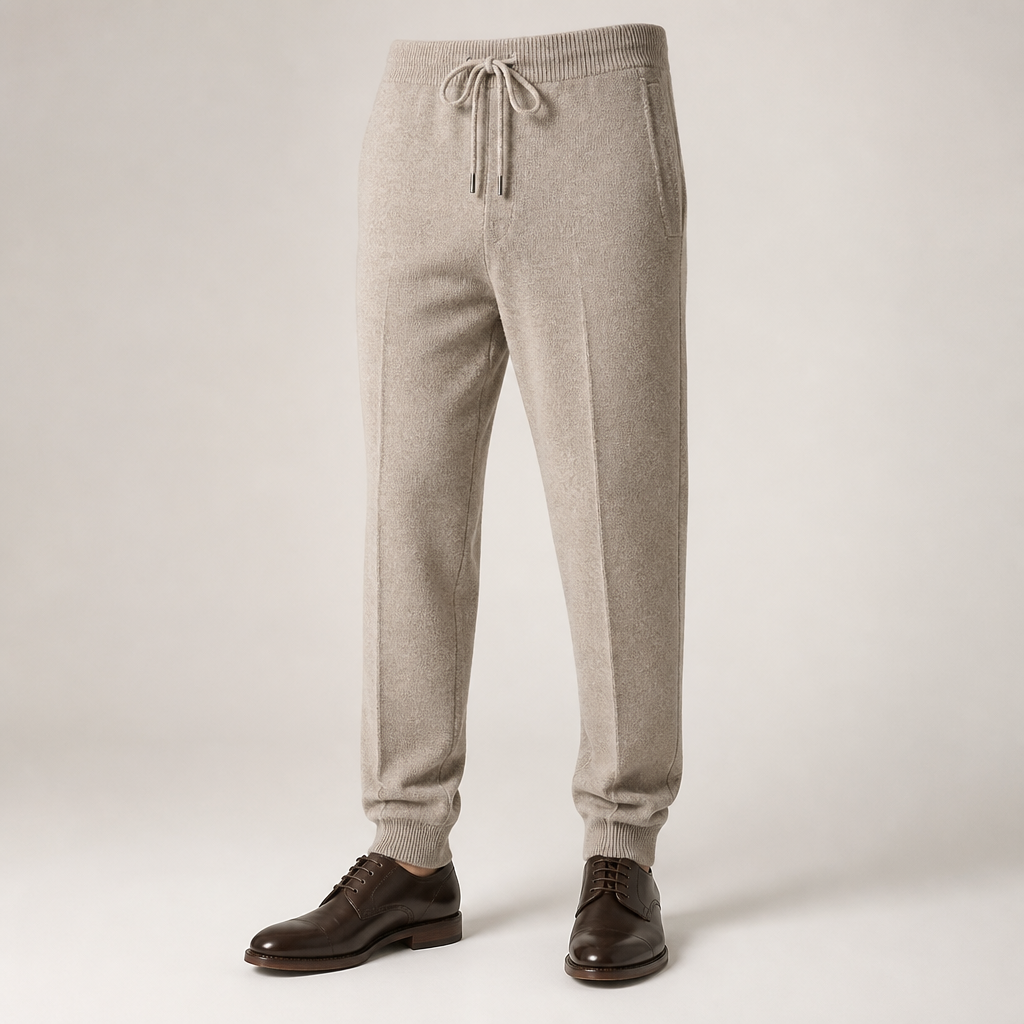 Jonathan | Mens Wool Knit Sweatpants Tapered Joggers Elastic Waist Lounge Pants, Camel
