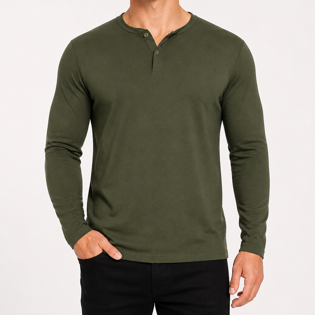 Josh | Mens Henley Long Sleeve Cotton Vintage Fitted Shirt, Army Green