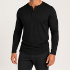 Josh | Mens Henley Long Sleeve Cotton Vintage Fitted Shirt, Black