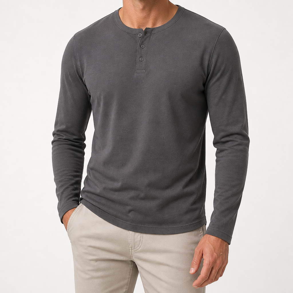 Josh | Mens Henley Long Sleeve Cotton Vintage Fitted Shirt, Dark Grey