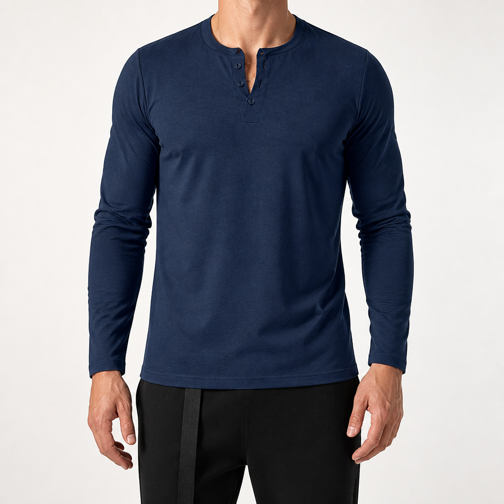 Josh | Mens Henley Long Sleeve Cotton Vintage Fitted Shirt, Navy Blue