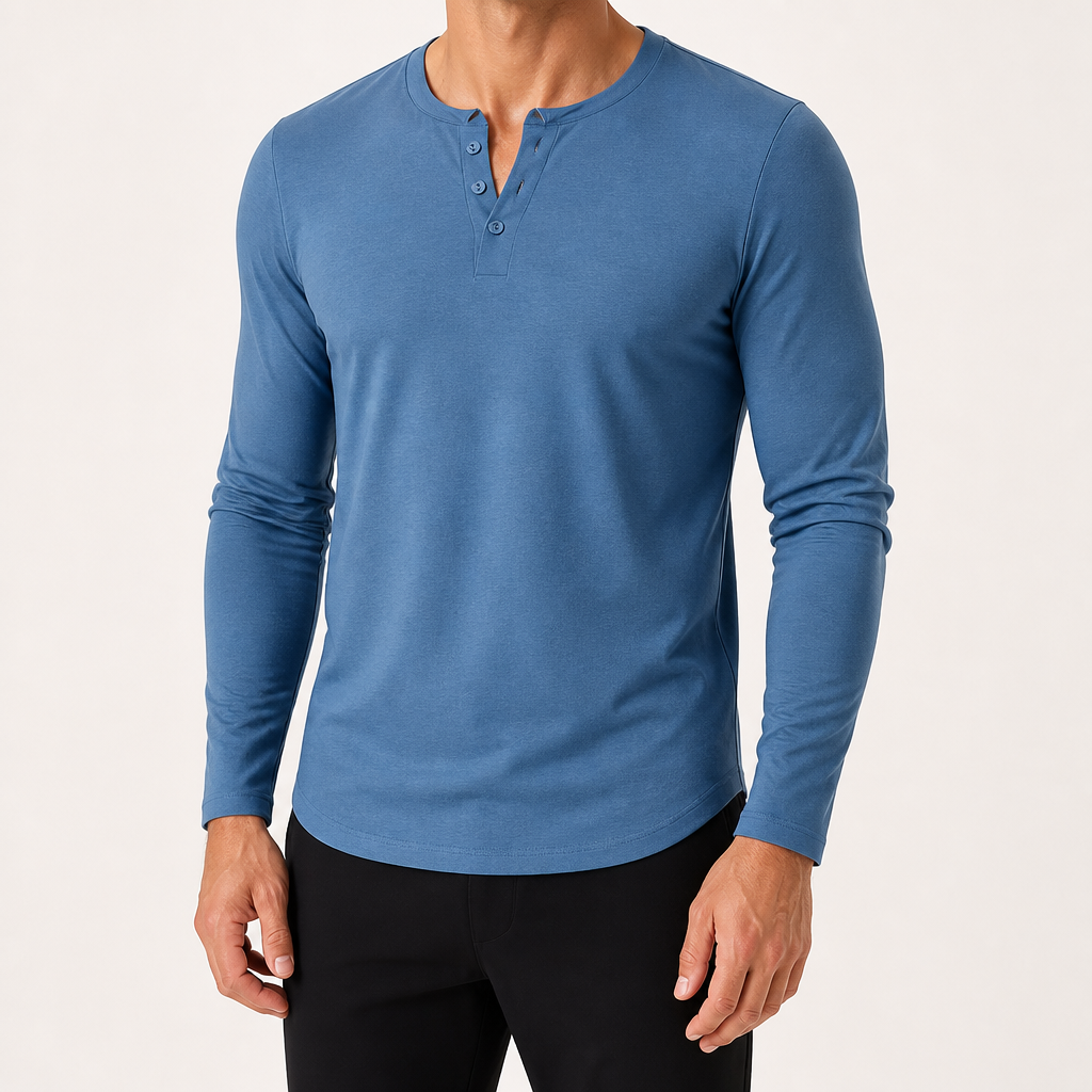 Josh | Mens Henley Long Sleeve Cotton Vintage Fitted Shirt, Sky Blue