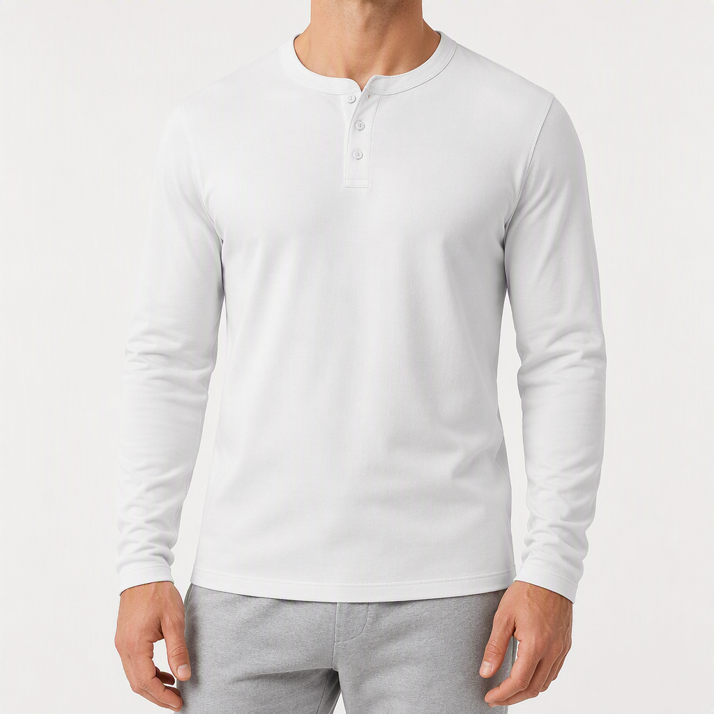 Josh | Mens Henley Long Sleeve Cotton Vintage Fitted Shirt, White