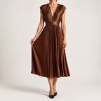 Joslyn | Womens Wedding Guest Satin V Neck Pleated Midi Dress, Brown