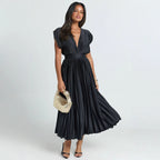 Joslyn | Womens Wedding Guest Satin V Neck Pleated Midi Dress