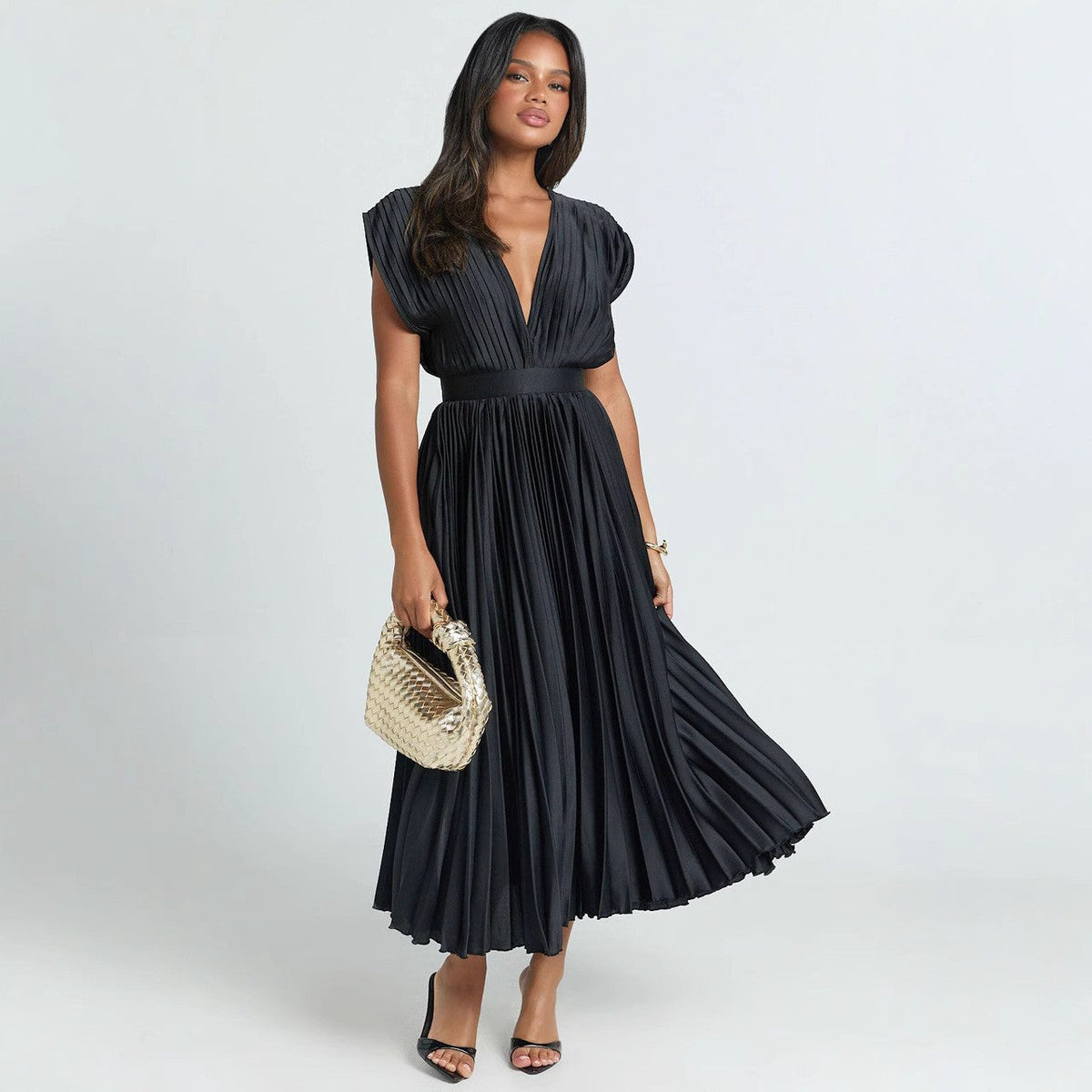 Joslyn | Womens Wedding Guest Satin V Neck Pleated Midi Dress