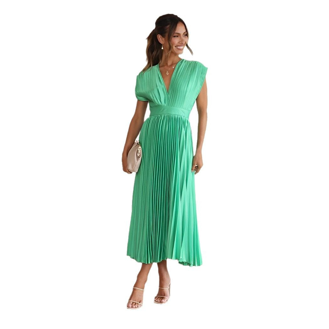 Joslyn | Womens Wedding Guest Satin V Neck Pleated Midi Dress