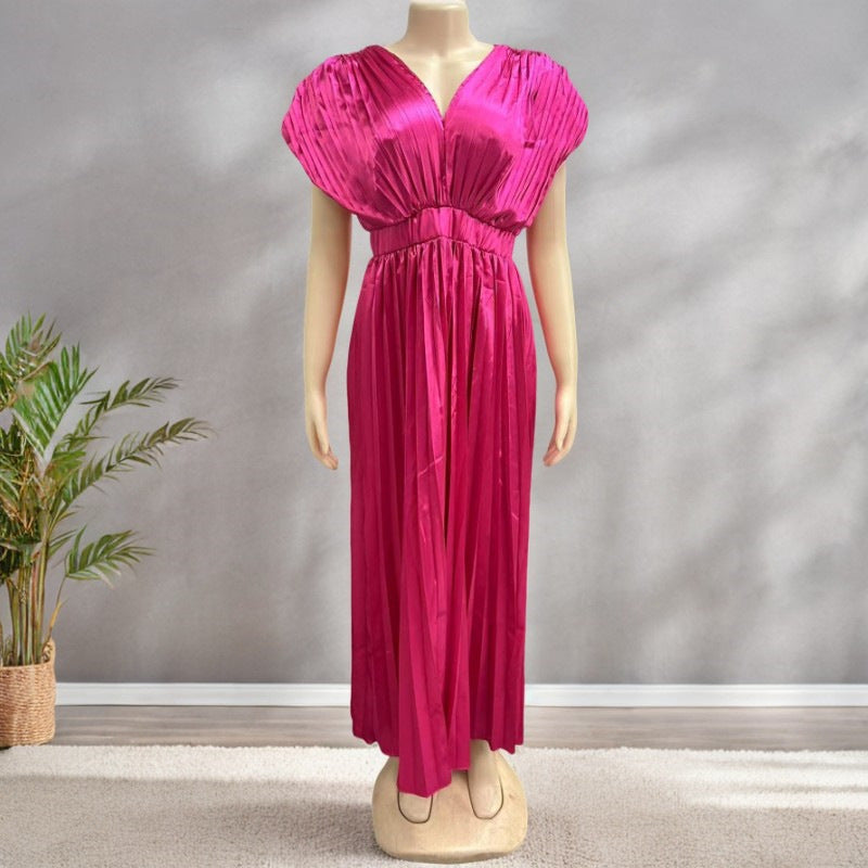 Joslyn | Womens Wedding Guest Satin V Neck Pleated Midi Dress