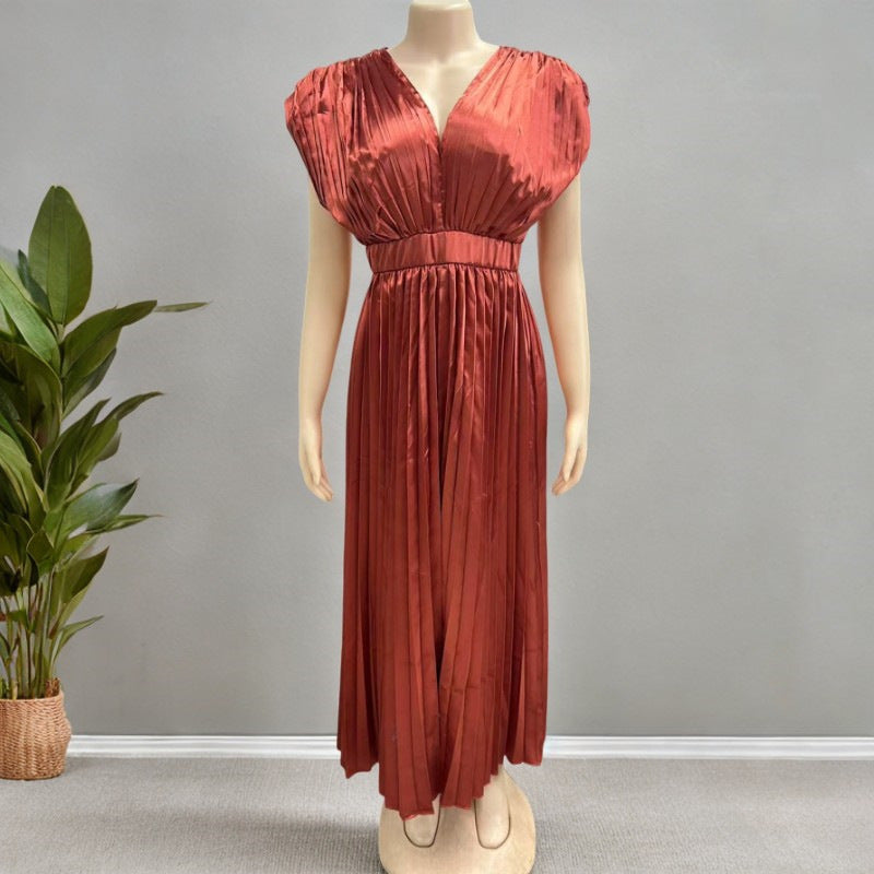 Joslyn | Womens Wedding Guest Satin V Neck Pleated Midi Dress