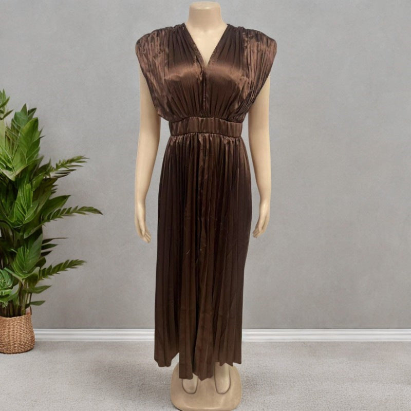 Joslyn | Womens Wedding Guest Satin V Neck Pleated Midi Dress