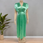 Joslyn | Womens Wedding Guest Satin V Neck Pleated Midi Dress