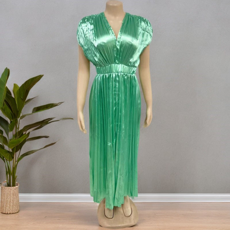 Joslyn | Womens Wedding Guest Satin V Neck Pleated Midi Dress