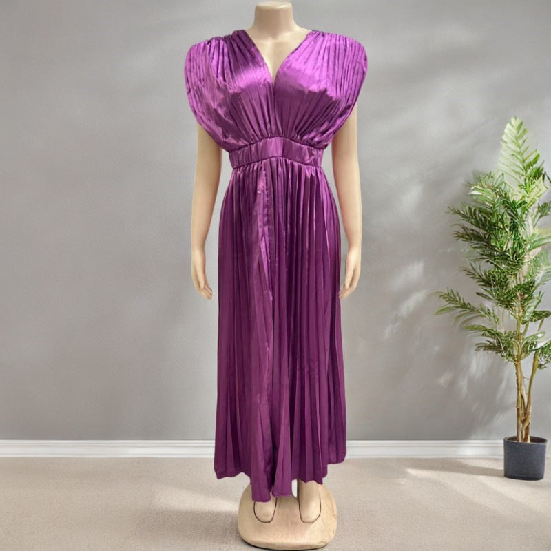 Joslyn | Womens Wedding Guest Satin V Neck Pleated Midi Dress