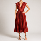 Joslyn | Womens Wedding Guest Satin V Neck Pleated Midi Dress, Brick Red