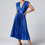 Joslyn | Womens Wedding Guest Satin V Neck Pleated Midi Dress