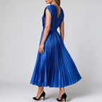 Joslyn | Womens Wedding Guest Satin V Neck Pleated Midi Dress