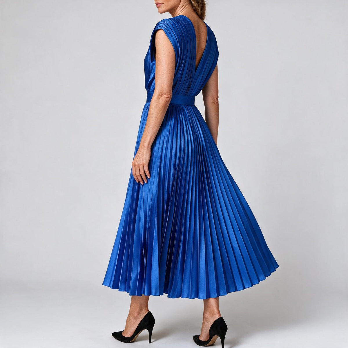 Joslyn | Womens Wedding Guest Satin V Neck Pleated Midi Dress