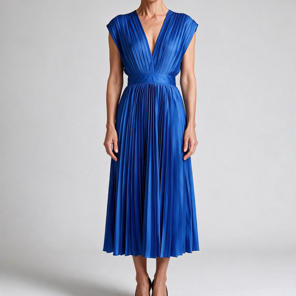 Joslyn | Womens Wedding Guest Satin V Neck Pleated Midi Dress