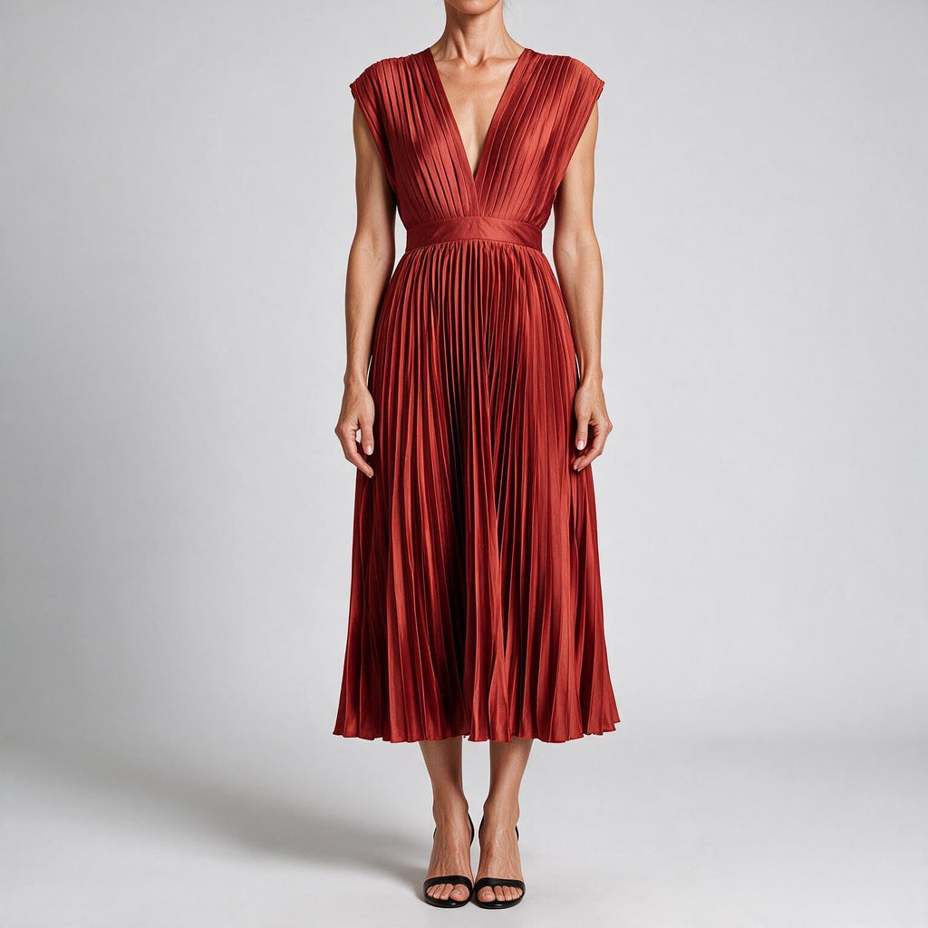 Joslyn | Womens Wedding Guest Satin V Neck Pleated Midi Dress