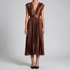 Joslyn | Womens Wedding Guest Satin V Neck Pleated Midi Dress