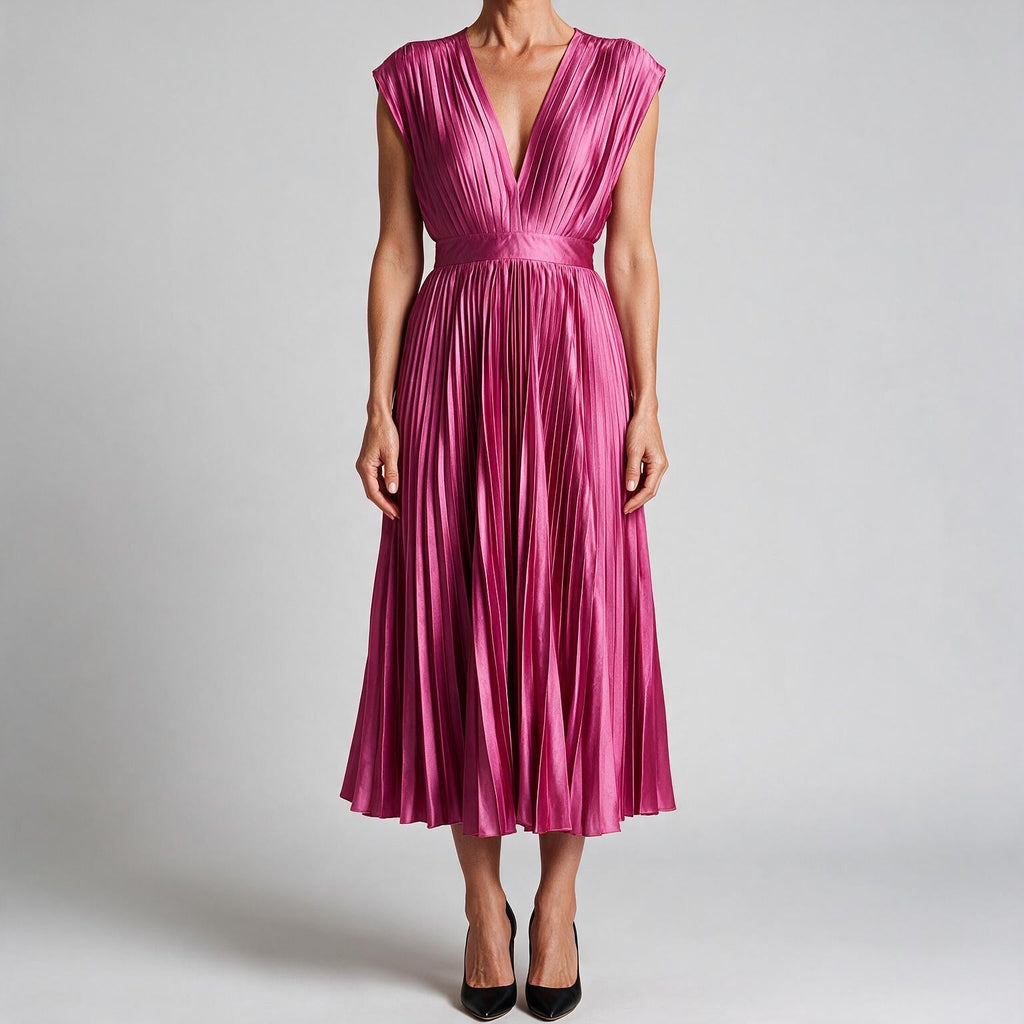 Joslyn | Womens Wedding Guest Satin V Neck Pleated Midi Dress