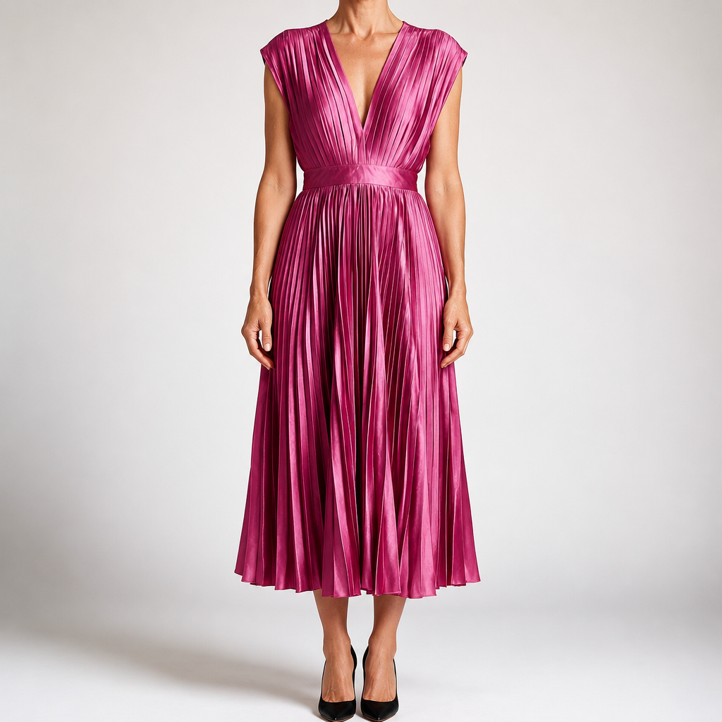 Joslyn | Womens Wedding Guest Satin V Neck Pleated Midi Dress, Rose