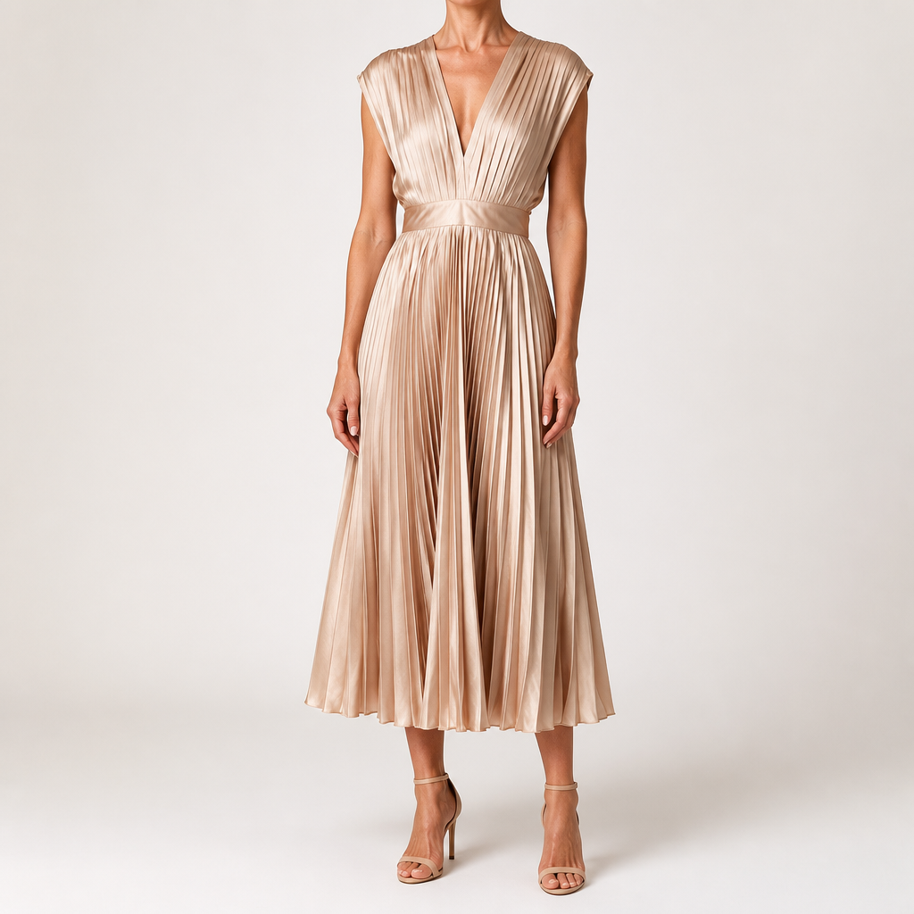 Joslyn | Womens Wedding Guest Satin V Neck Pleated Midi Dress, Nude