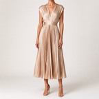 Joslyn | Womens Wedding Guest Satin V Neck Pleated Midi Dress, Nude