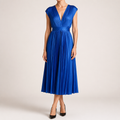 Joslyn | Womens Wedding Guest Satin V Neck Pleated Midi Dress, Blue