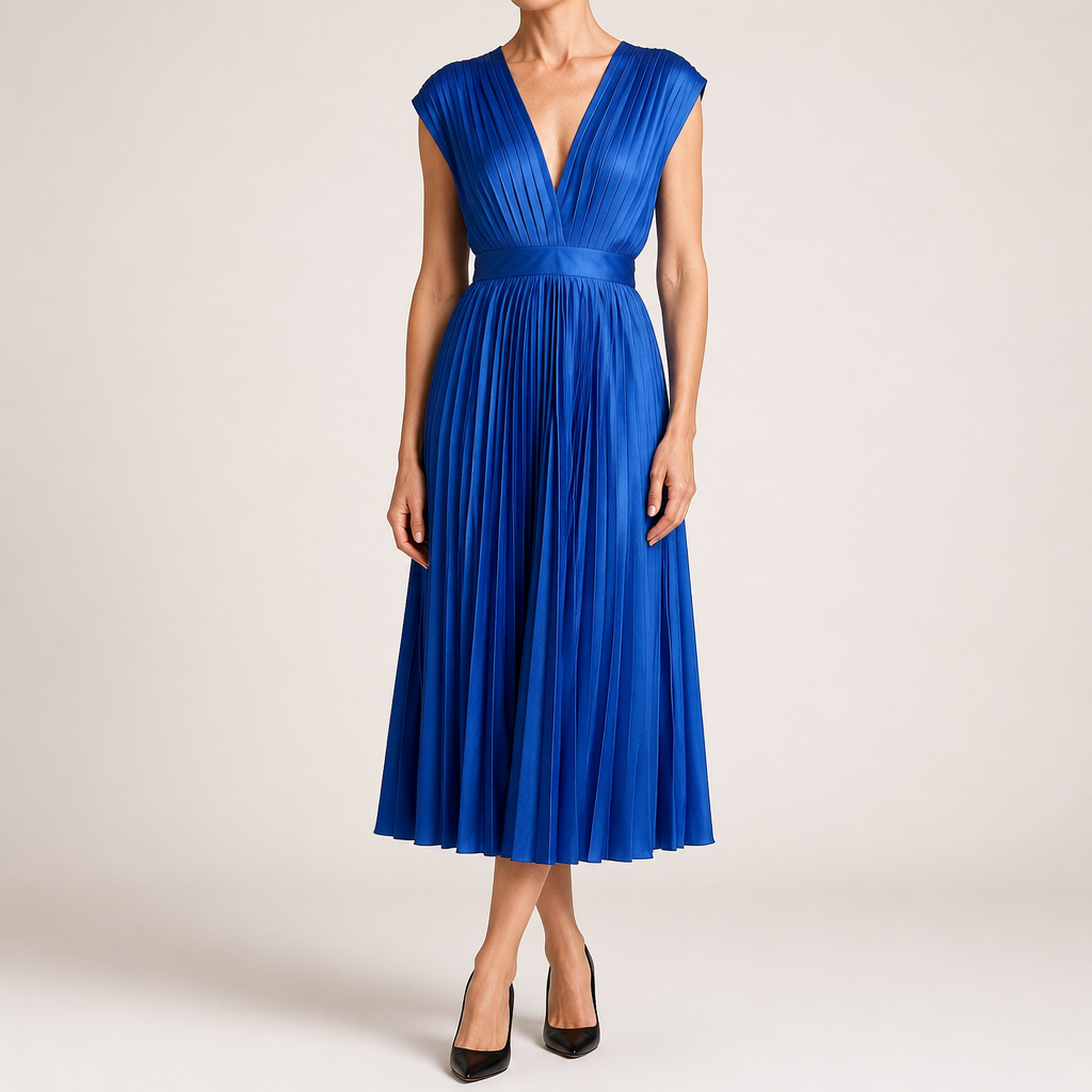 Joslyn | Womens Wedding Guest Satin V Neck Pleated Midi Dress, Blue