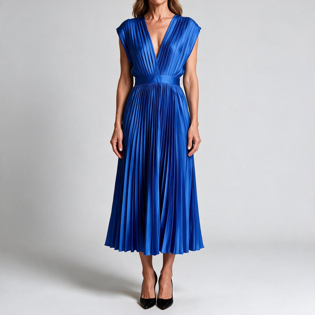Joslyn | Womens Wedding Guest Satin V Neck Pleated Midi Dress