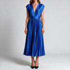 Joslyn | Womens Wedding Guest Satin V Neck Pleated Midi Dress