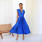 Joslyn | Womens Wedding Guest Satin V Neck Pleated Midi Dress