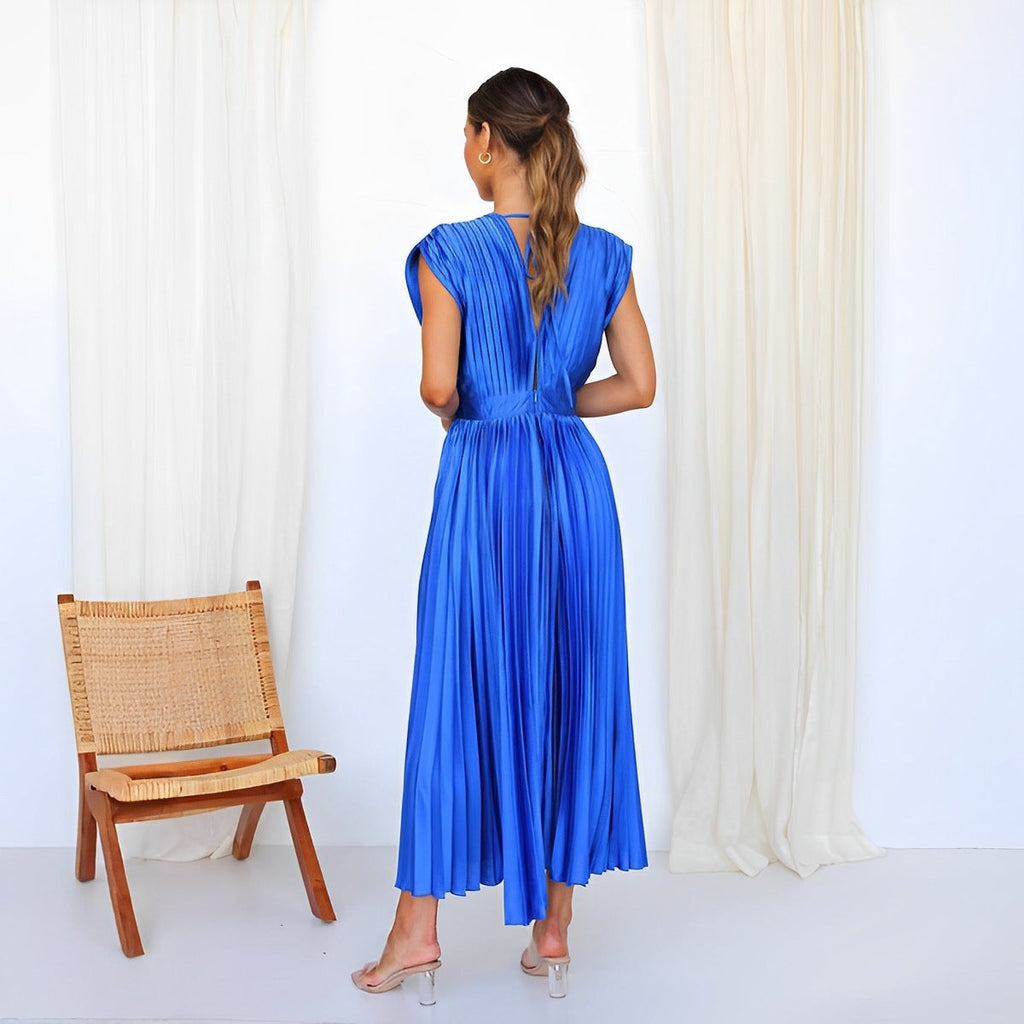 Joslyn | Womens Wedding Guest Satin V Neck Pleated Midi Dress