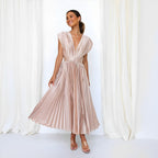 Joslyn | Womens Wedding Guest Satin V Neck Pleated Midi Dress