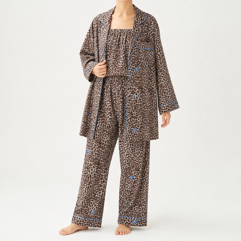 Julia | Womens Cotton Button Up Long Sleeve Loungewear Pajama Set, Brown