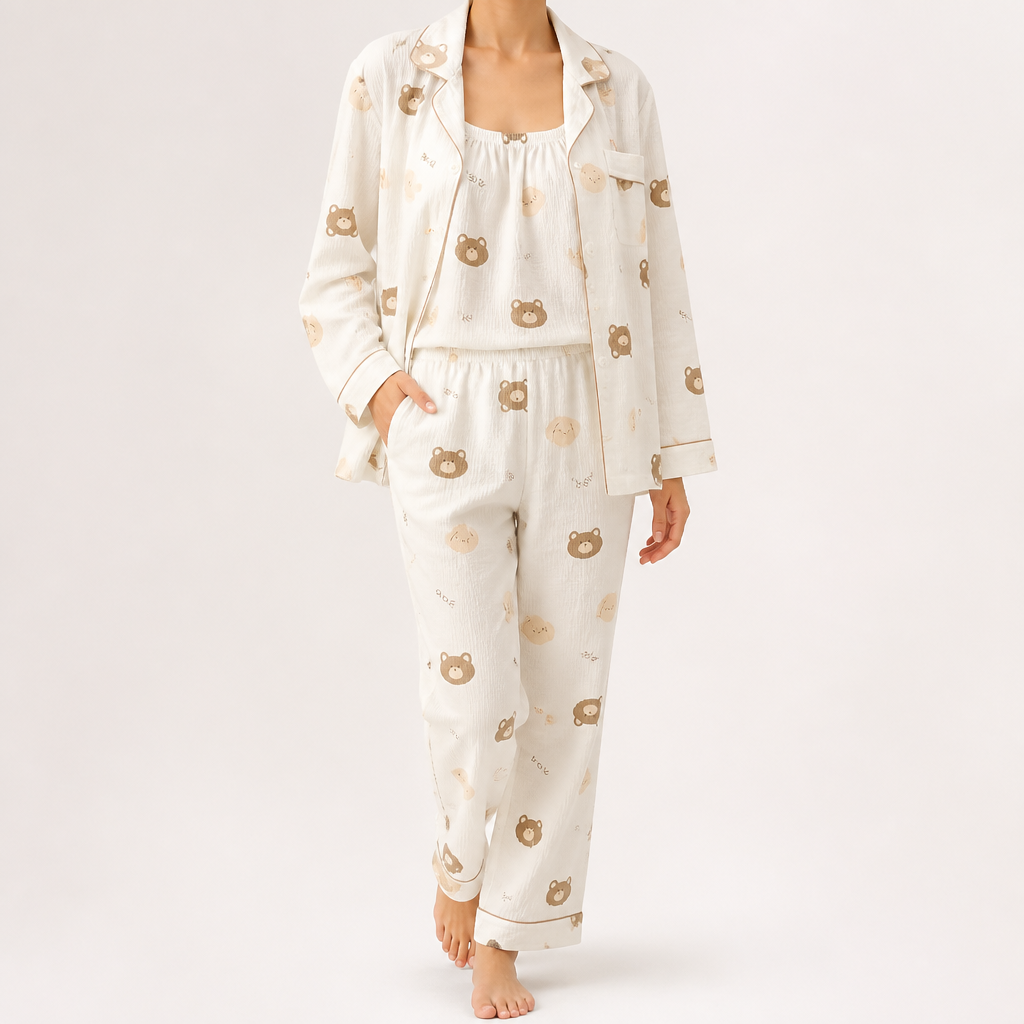 Julia | Womens Cotton Button Up Long Sleeve Loungewear Pajama Set, Cream 3