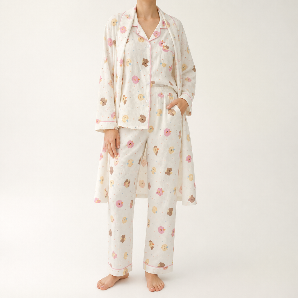 Julia | Womens Cotton Button Up Long Sleeve Loungewear Pajama Set, Ivory 3