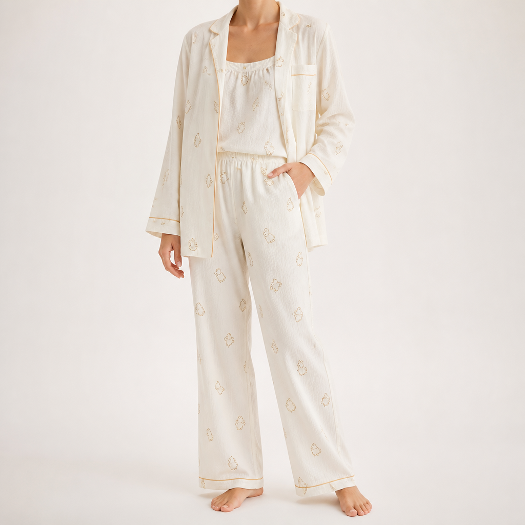 Julia | Womens Cotton Button Up Long Sleeve Loungewear Pajama Set, Cream 4