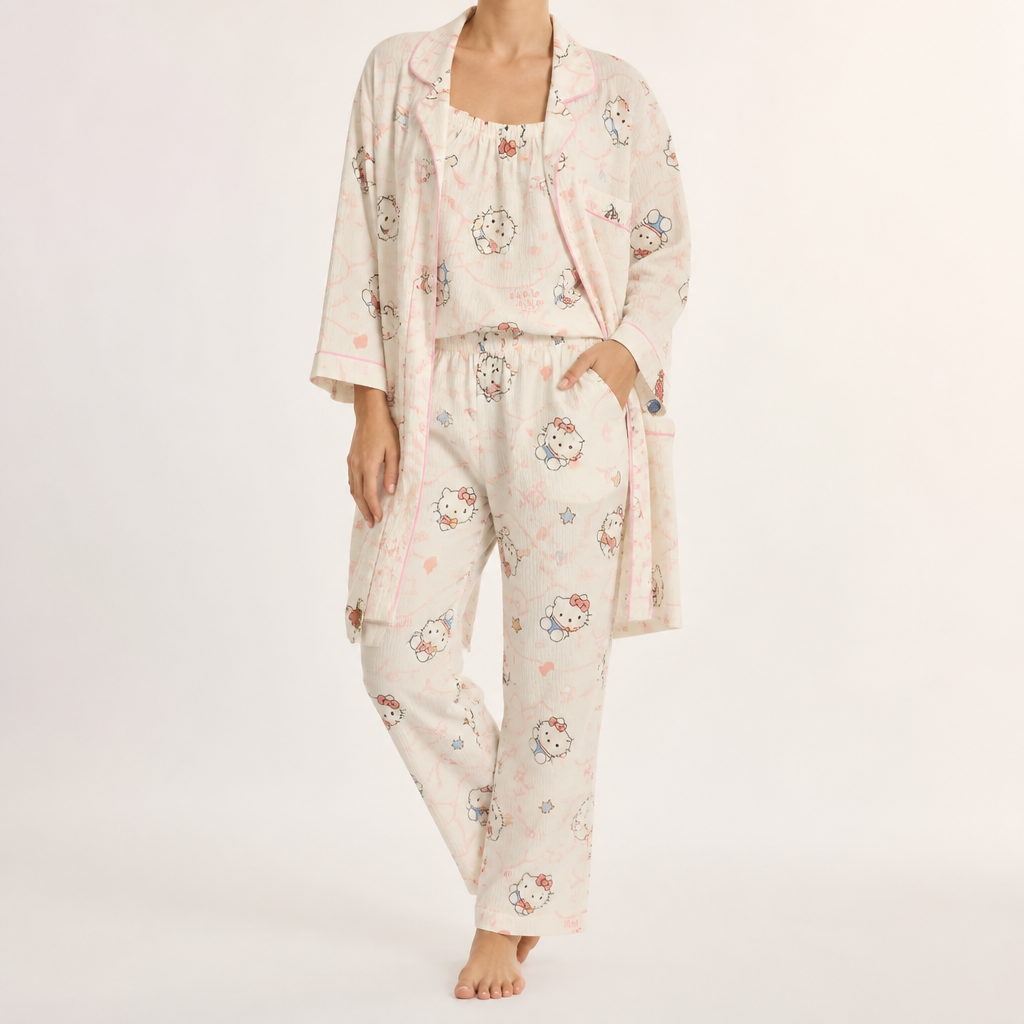Julia | Womens Cotton Button Up Long Sleeve Loungewear Pajama Set, Ivory 4