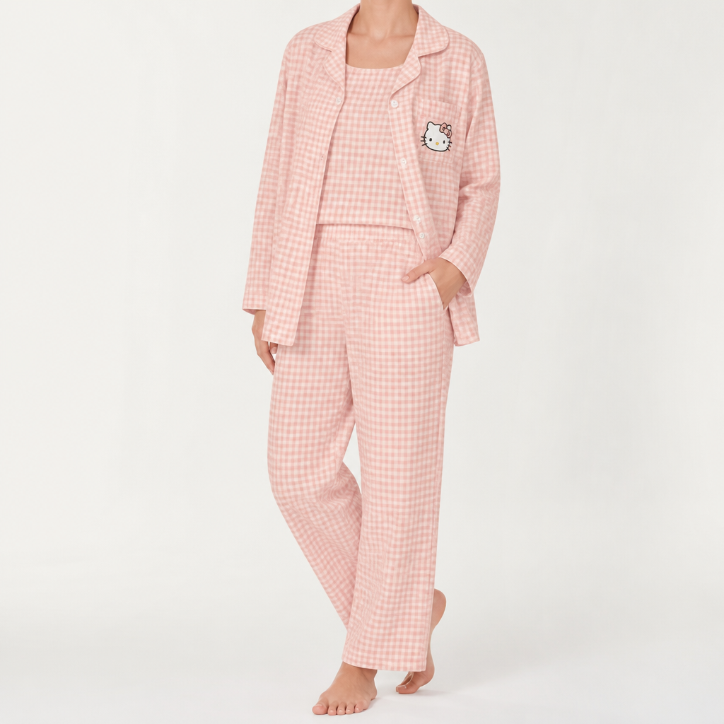 Julia | Womens Cotton Button Up Long Sleeve Loungewear Pajama Set, Pink 2