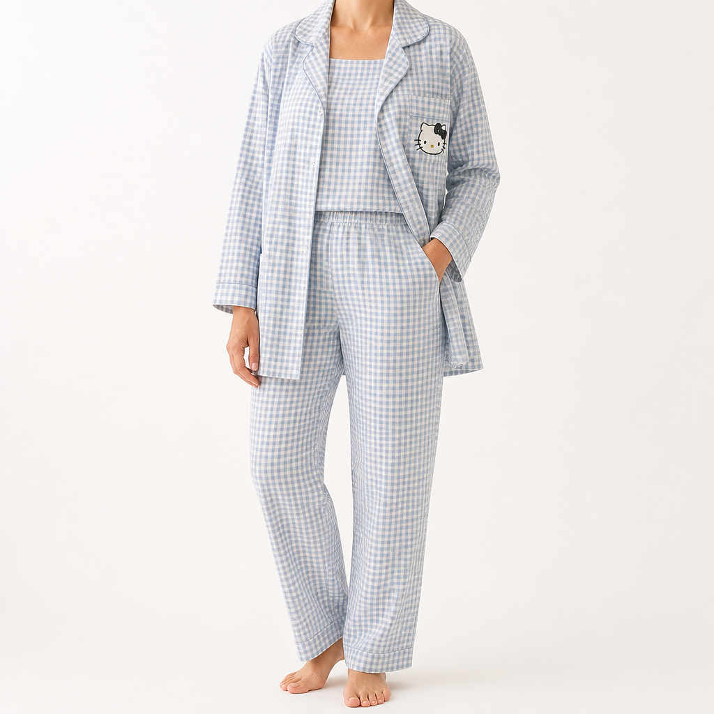 Julia | Womens Cotton Button Up Long Sleeve Loungewear Pajama Set, Blue