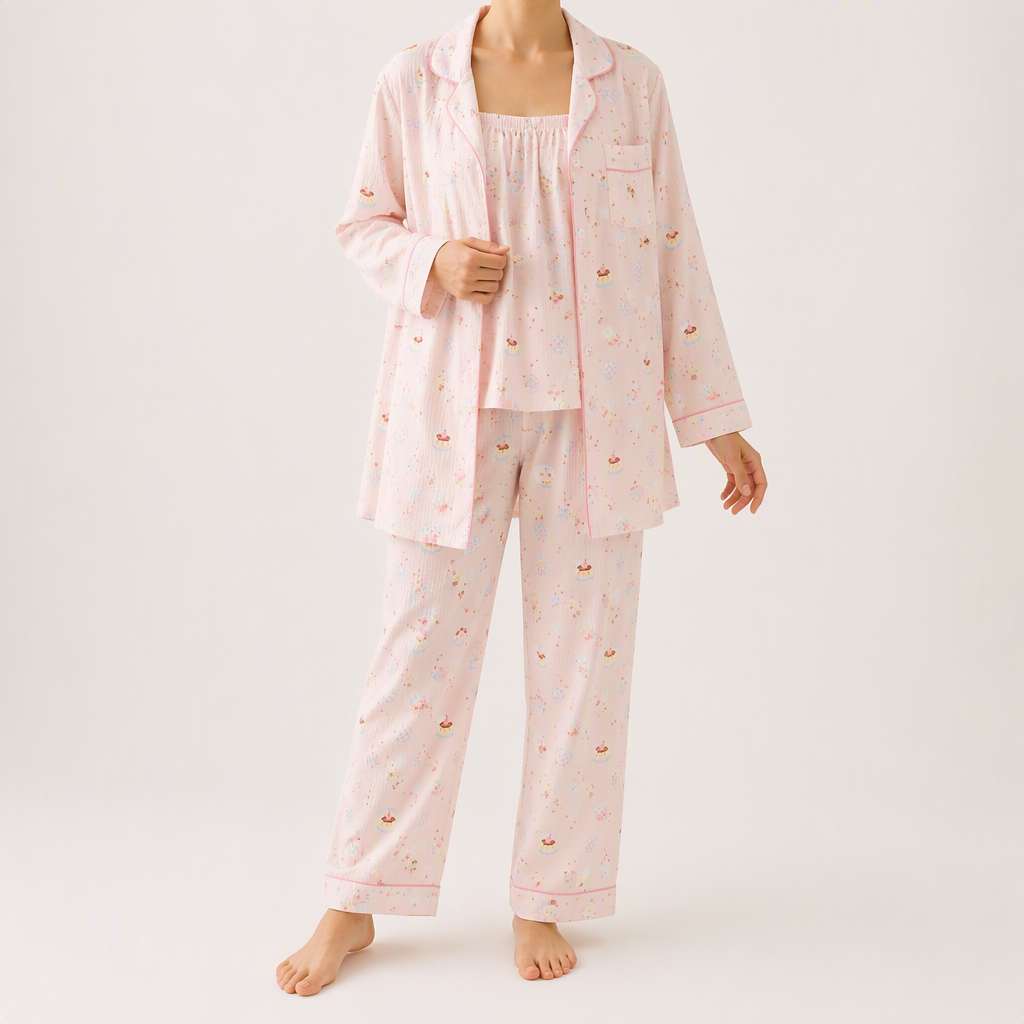 Julia | Womens Cotton Button Up Long Sleeve Loungewear Pajama Set, Pink 3