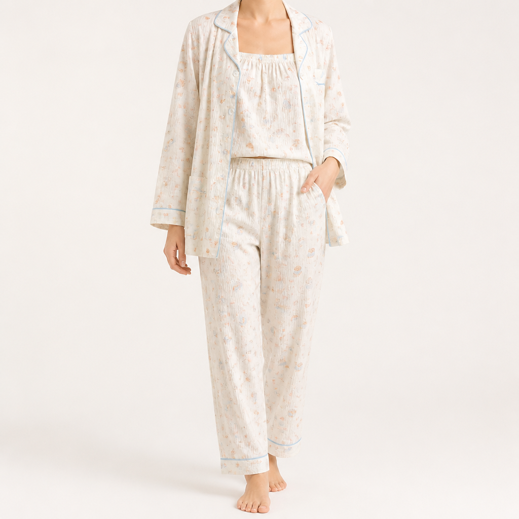 Julia | Womens Cotton Button Up Long Sleeve Loungewear Pajama Set, White